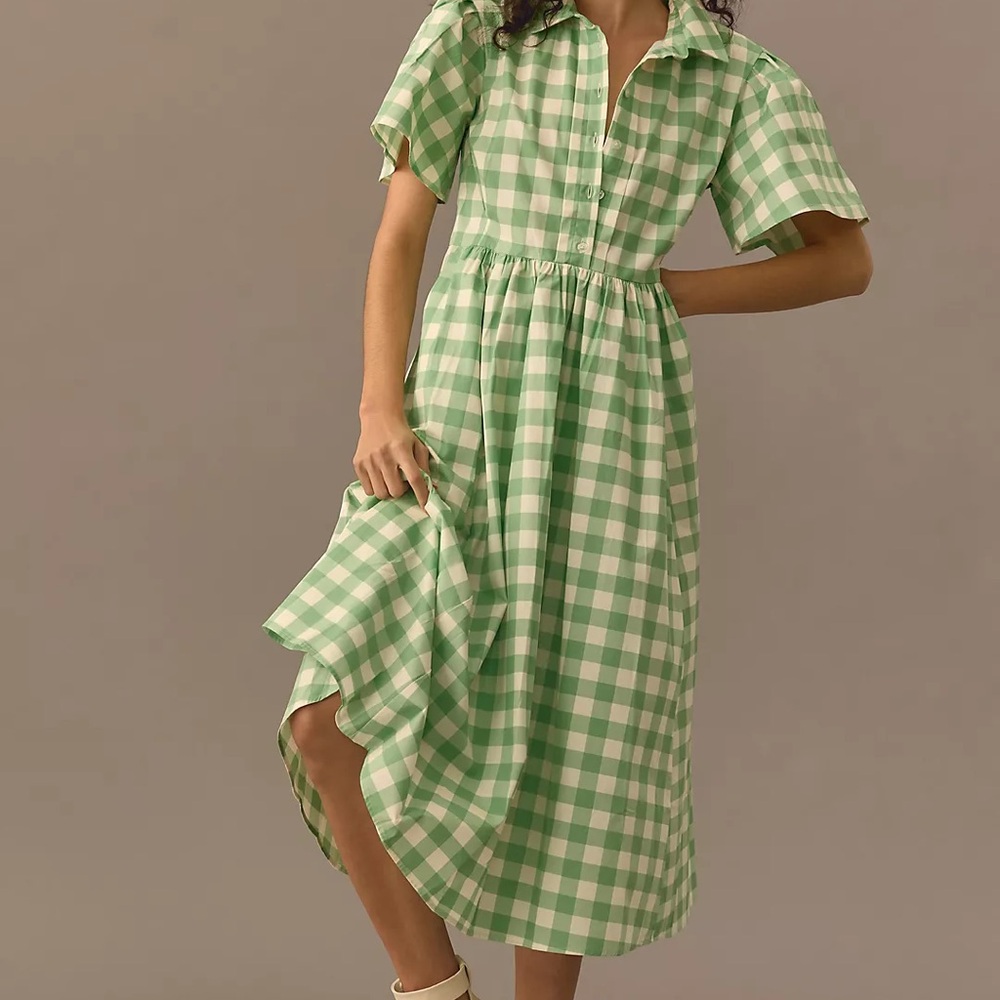 Porridge Green Gingham Midi Shirt Dress